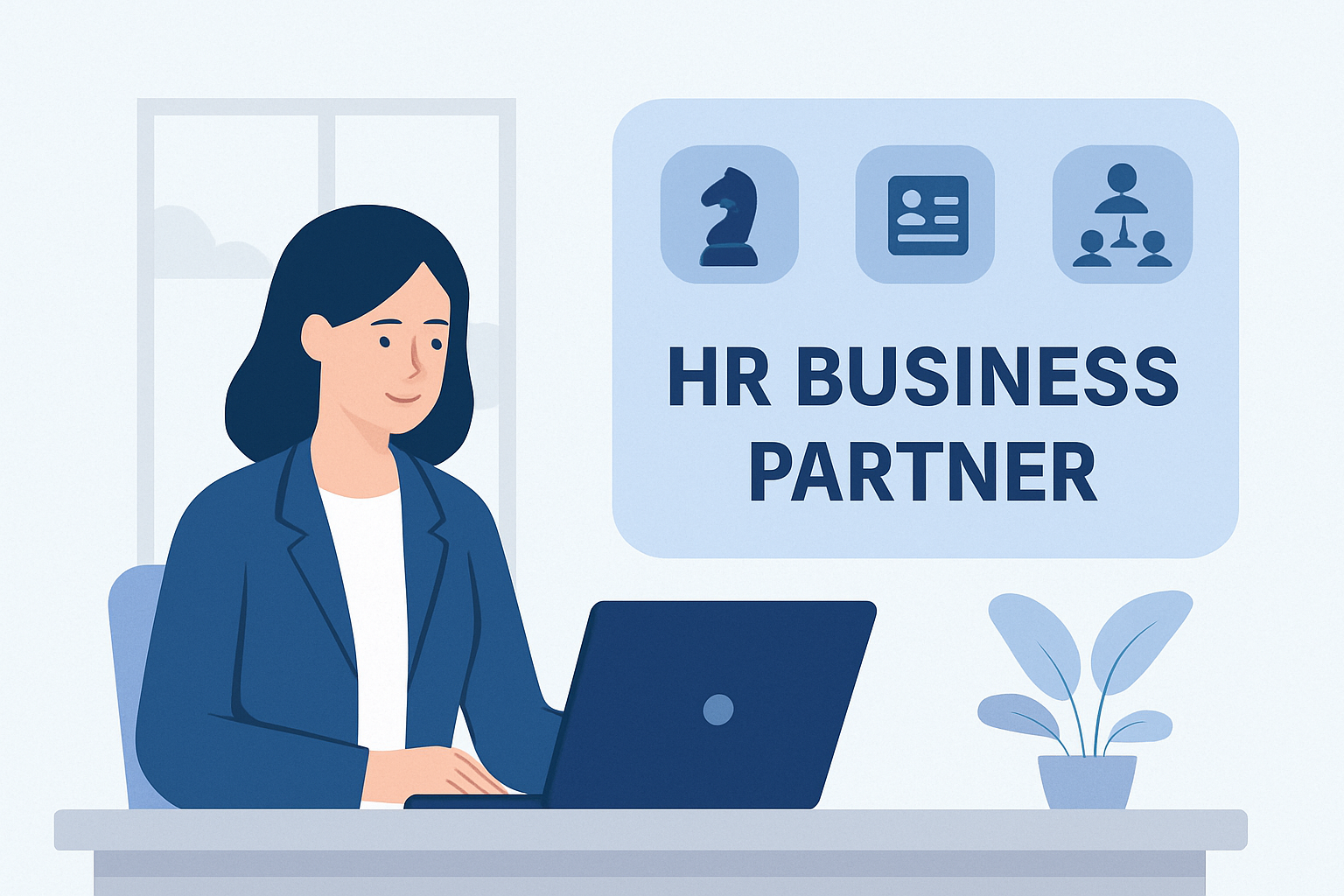 Kobieta przy laptopie z napisem HR Business Partner – ilustracja strategii HR