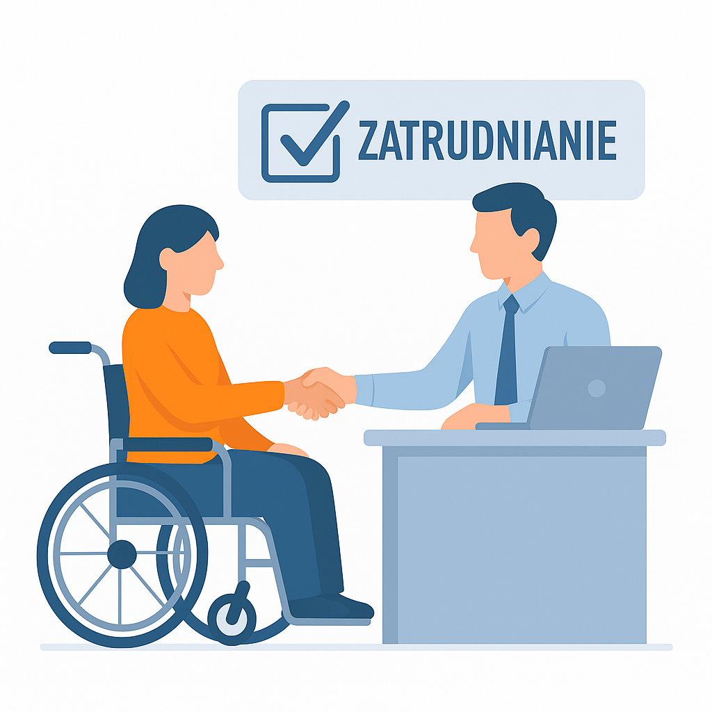Kobieta na wózku inwalidzkim i rekruter podający sobie ręce przy biurku – symbol zatrudnienia osoby z niepełnosprawnością