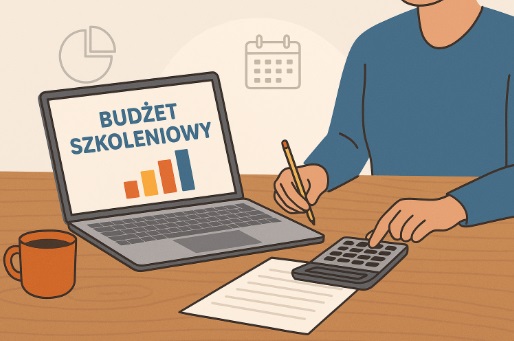 Osoba planująca budżet szkoleniowy przy biurku z laptopem, kalkulatorem i kartką