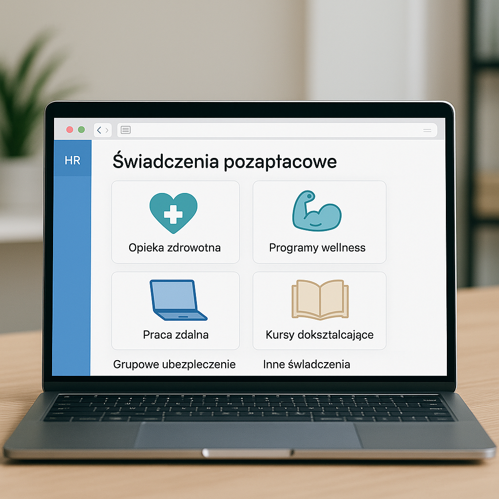 Laptop z panelem HR prezentującym świadczenia pozapłacowe dla pracowników