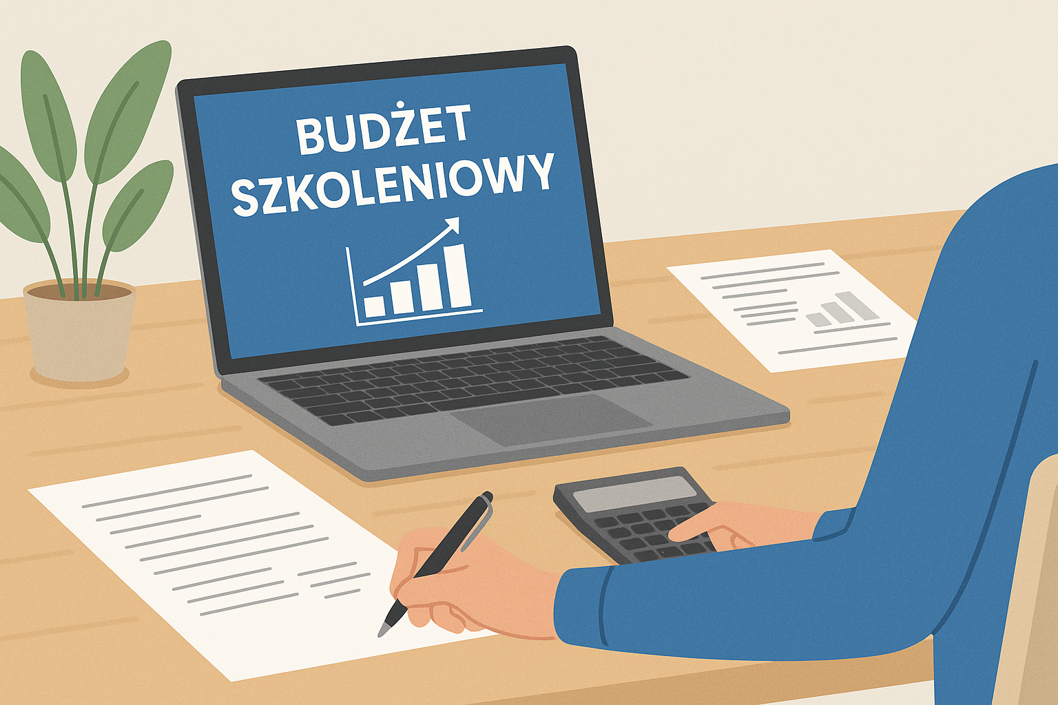 Laptop z napisem „Budżet szkoleniowy”, kalkulator, wykresy i dokumenty na biurku – osoba planująca szkolenia