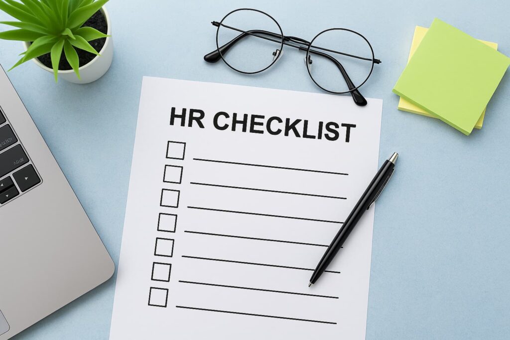 Zestaw checklist i formularzy kadrowych uporządkowanych na biurku z długopisem i spinaczem