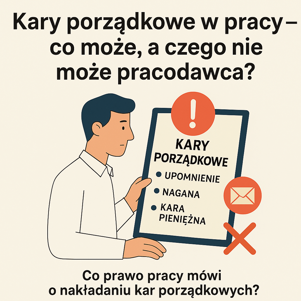 Ilustracja pracownika trzymającego tablicę z wypisanymi karami porządkowymi – upomnienie, nagana, kara pieniężna