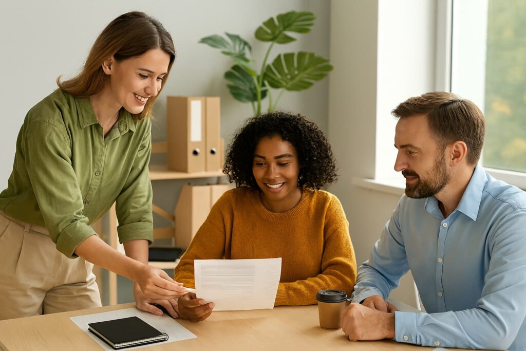Trzech młodych specjalistów HR siedzi przy stole w nowoczesnym biurze i analizuje dane dotyczące kompetencji przyszłości.