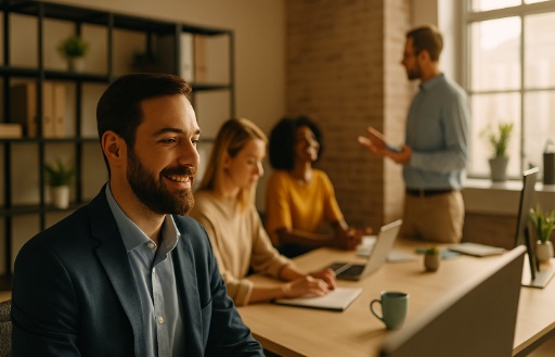 Nowoczesna przestrzeń biurowa z pracownikami podczas rozmowy i pracy przy laptopach, symbolizująca przyszłość pracy