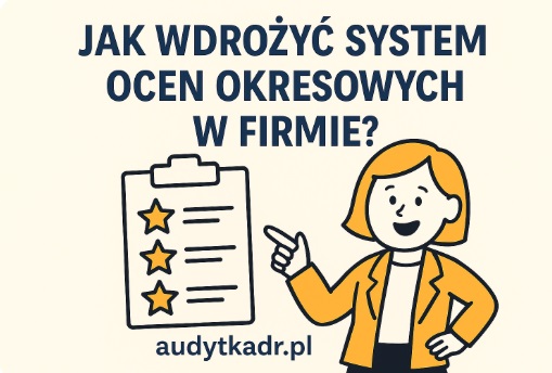 Ilustracja w stylu flat design przedstawiająca proces oceny okresowej pracownika w środowisku biurowym