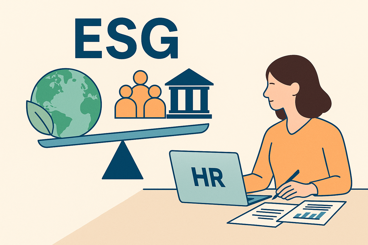 Ilustracja kobiety przy laptopie HR analizującej obszary ESG – środowisko, społeczeństwo, ład korporacyjny
