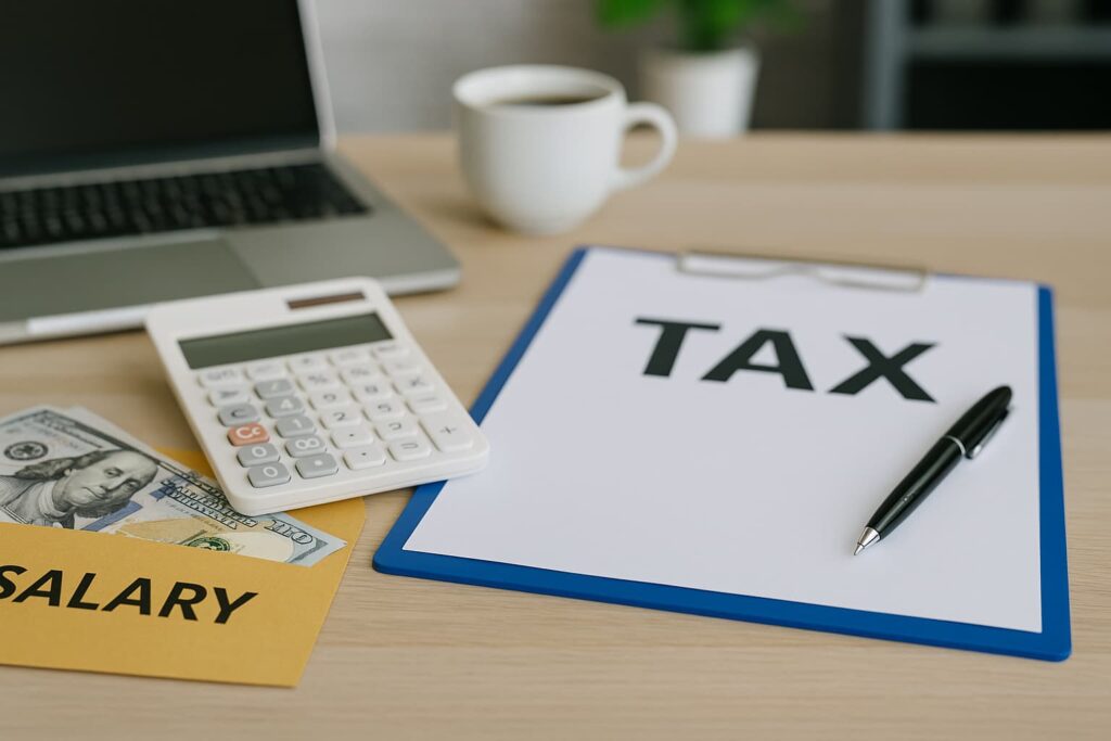 Kalkulator, dokumenty i wykresy – symbole analizy podatkowej i wyliczania wynagrodzeń.