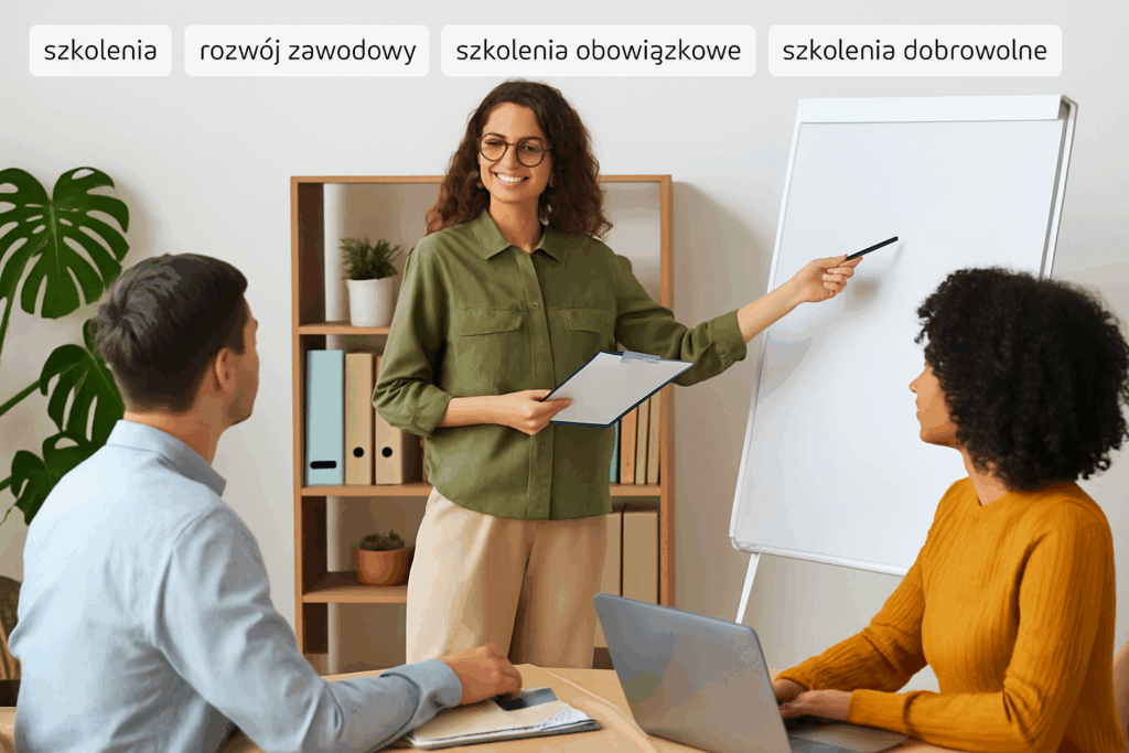 Grupa pracowników uczestniczących w szkoleniu – sala konferencyjna z prowadzącym i prezentacją multimedialną