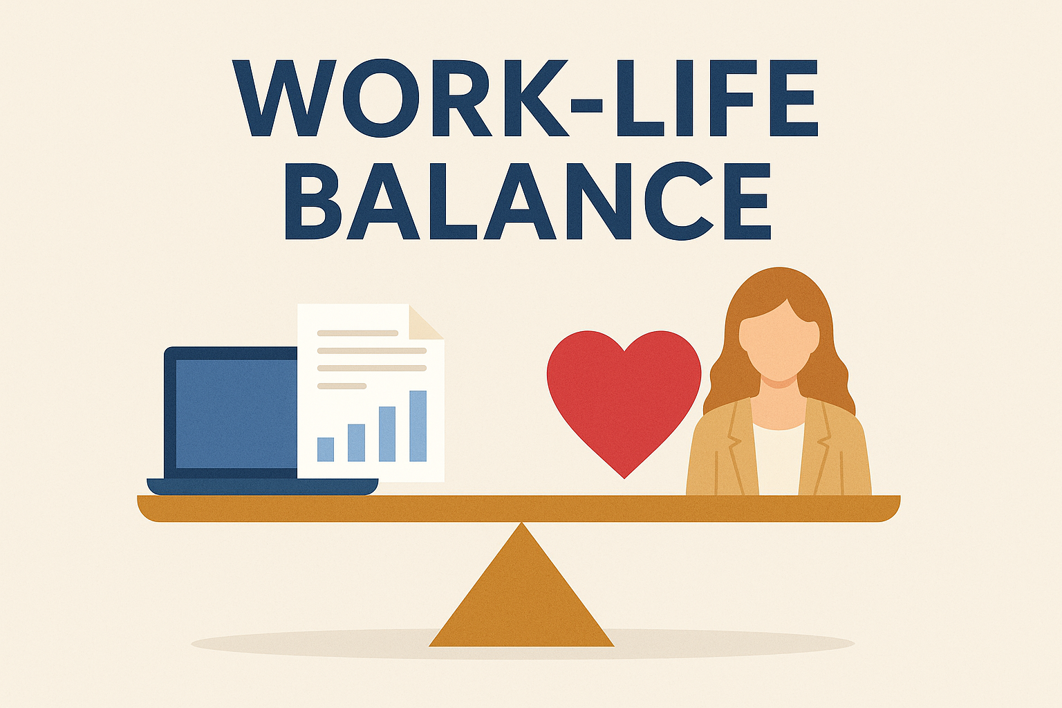 Ilustracja równowagi między życiem zawodowym a prywatnym – laptop, dokumenty, serce i kobieta na wadze