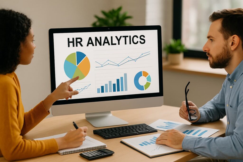 Trzech specjalistów HR analizuje dane na wykresach i laptopie, omawiając strategię wykorzystania HR analytics.