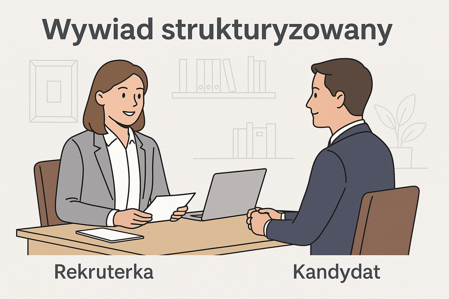 Rekruterka i kandydat w trakcie wywiadu strukturyzowanego – uścisk dłoni przy stole