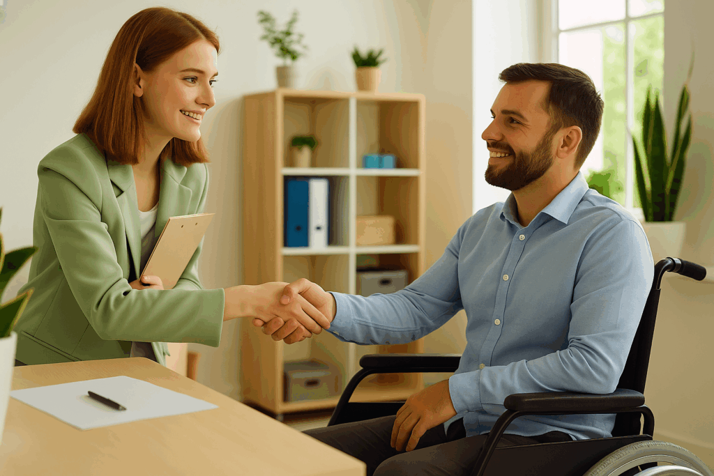 Osoba z niepełnosprawnością pracująca przy biurku – symbol równych szans i zatrudnienia inkluzywnego