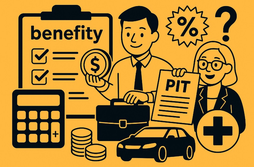 Grafika przedstawiająca pracowników analizujących różne benefity pozapłacowe – opieka zdrowotna, karta sportowa, służbowy laptop – w kontekście podatków