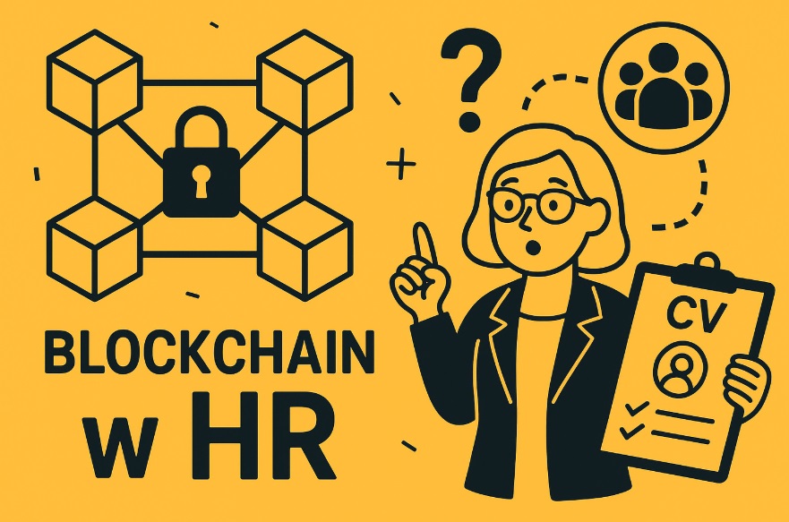 Ilustracja flat-style: blockchain jako symbol cyfrowych rozwiązań w HR – łańcuch bloków i dokumenty pracownicze na tle stylizowanego biura.