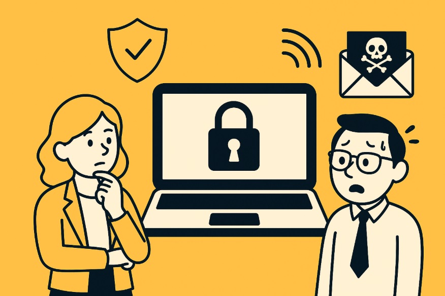 Ilustracja przedstawiająca specjalistę HR chroniącego dane kadrowe na tle symboli bezpieczeństwa cyfrowego