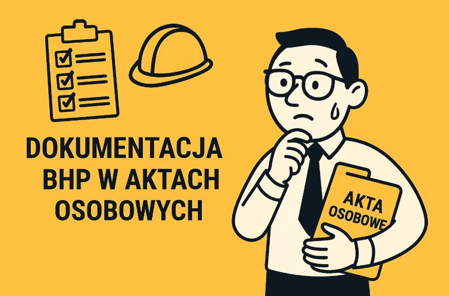 Ilustracja w stylu flat przedstawiająca specjalistkę HR przeglądającą dokumentację BHP, na żółtym tle