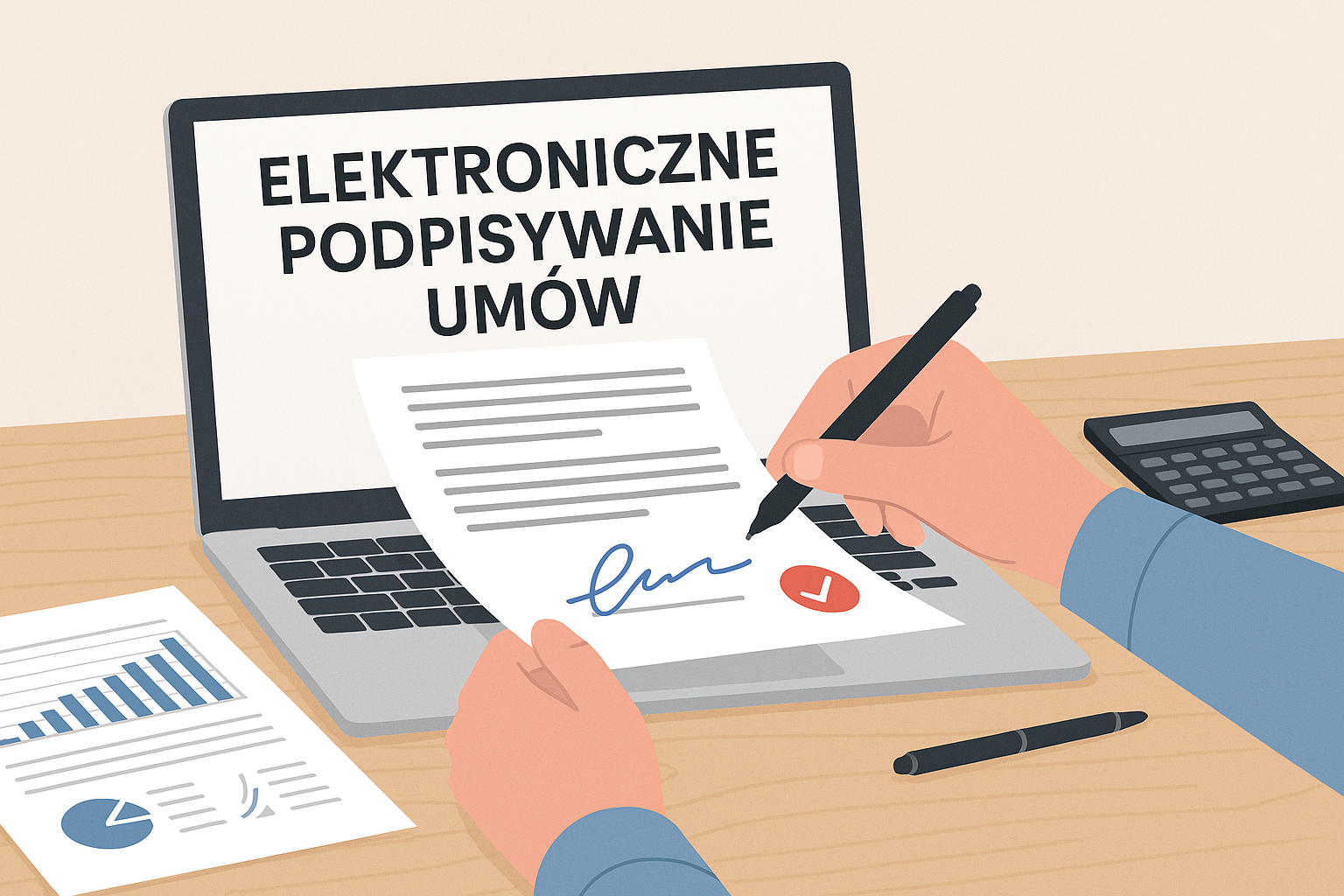 Osoba podpisująca dokument elektronicznie przed ekranem laptopa z napisem „Elektroniczne podpisywanie umów”