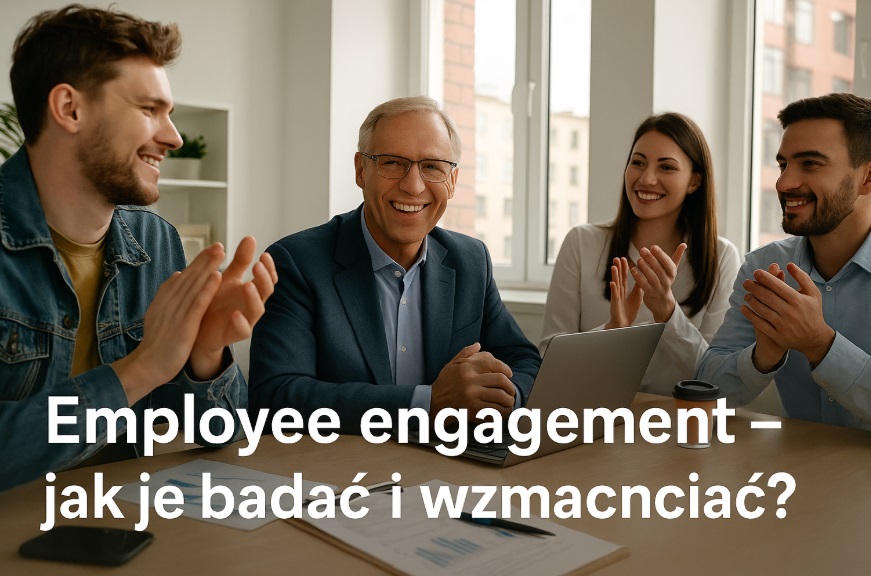 Rysunkowa ilustracja przedstawiająca grupę uśmiechniętych pracowników – kobieta z uniesioną ręką, mężczyzna trzymający gwiazdkę, uścisk dłoni, tekst "Employee engagement" na pomarańczowym tle.