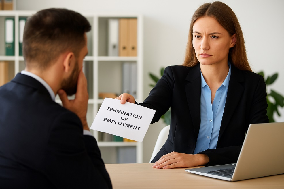 Kobieta w biurze rozmawia poważnie z pracodawcą – ilustracja sytuacji zwolnienia dyscyplinarnego