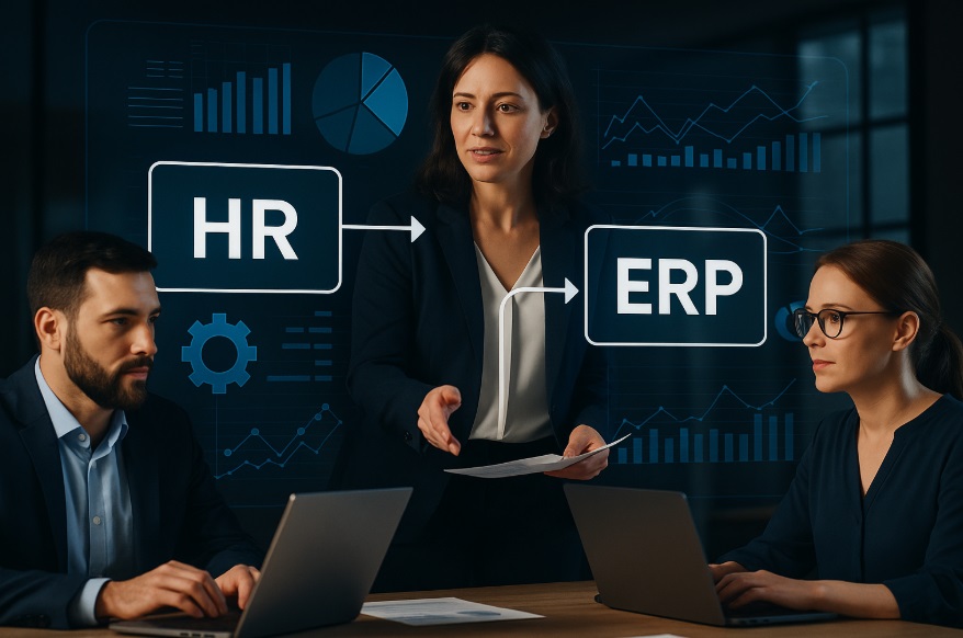 Zespół HR analizuje dane na ekranie systemu ERP zintegrowanego z modułem kadrowo-płacowym; wizualizacja procesu integracji HR z ERP.