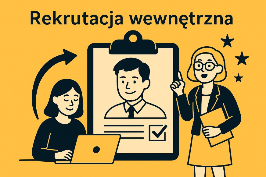 Ilustracja przedstawiająca rozmowę kwalifikacyjną wewnętrzną – pracownica działu HR rozmawia z kandydatką w biurze.
