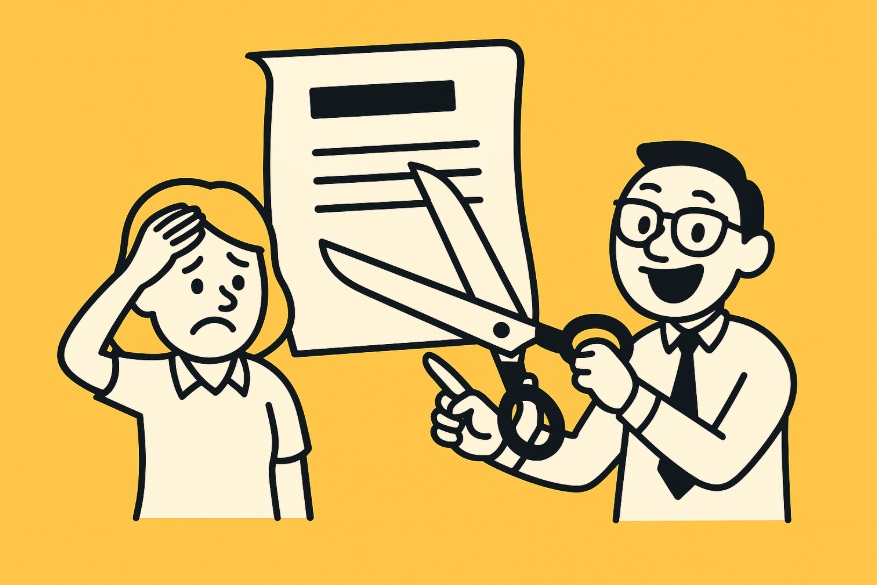 Zaskoczony pracownik i osoba z dokumentem wypowiedzenia – ilustracja rozwiązania umowy o pracę na czas określony