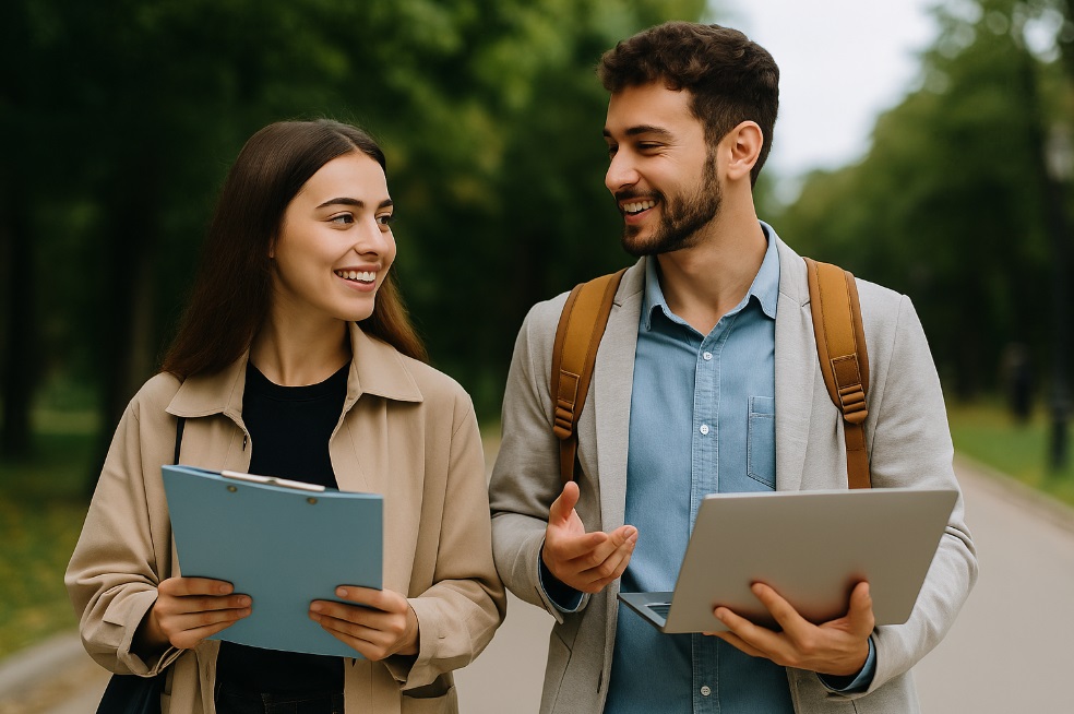 Dwójka młodych praktykantów pracuje przy biurku w nowoczesnym biurze, omawiając wspólny projekt