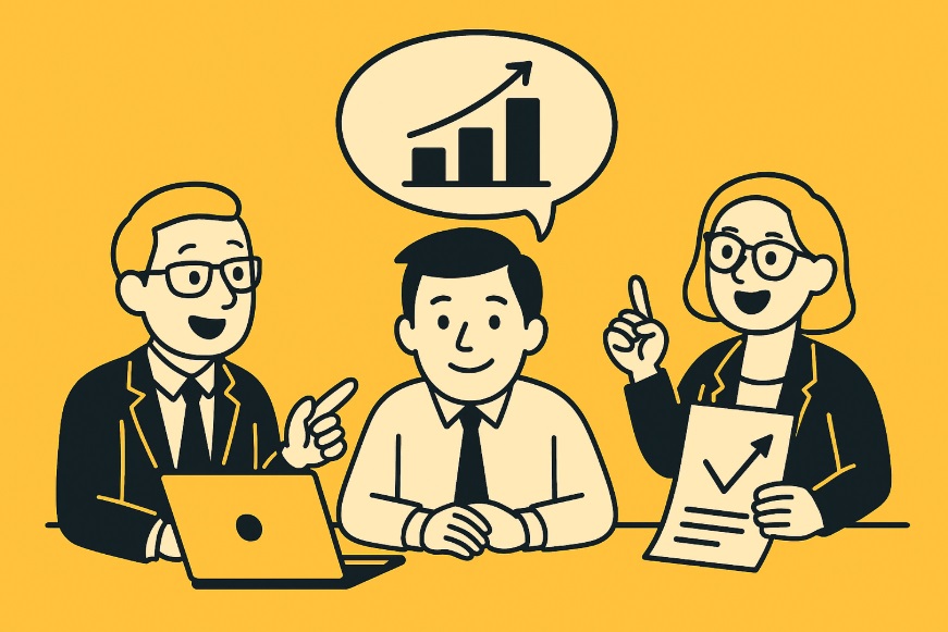 Ilustracja wektorowa pokazująca współpracę HR i zarządu – mężczyzna i kobieta omawiają dane strategiczne w stylu flat, na żółtym tle