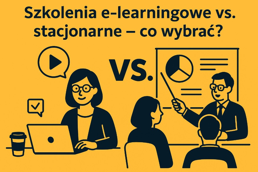 Porównanie szkoleń e-learningowych i stacjonarnych – ilustracja stylu flat design
