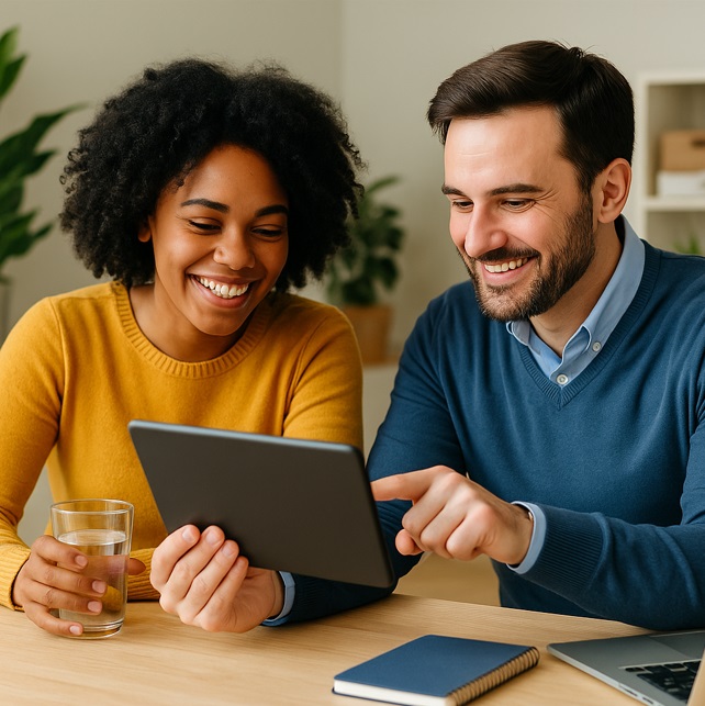 Dwóch współpracowników uśmiecha się i pracuje razem przy tablecie, promując wellbeing w nowoczesnym miejscu pracy.