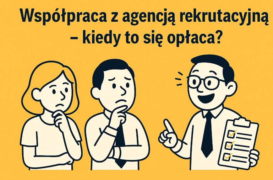 Ilustracja w stylu flat – rekruter w okularach przedstawia ofertę pracy kandydatowi; żółto-czarna kolorystyka