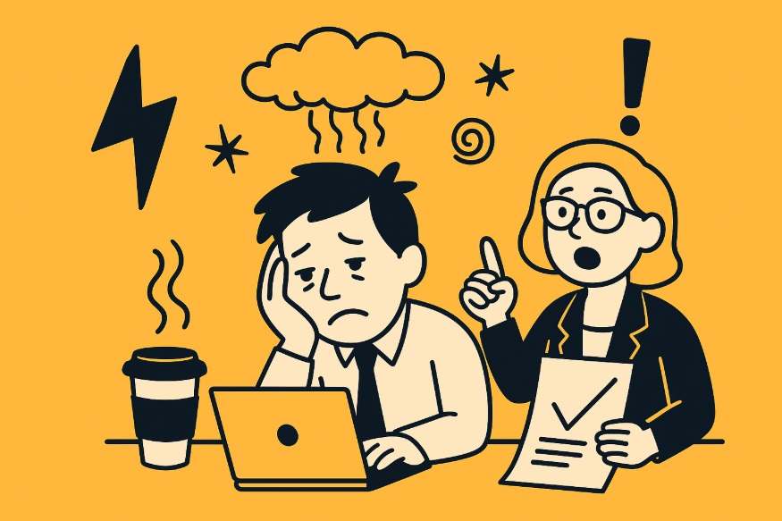 Ilustracja pracownika z objawami wypalenia zawodowego przy biurku, zaniepokojony menedżer w tle