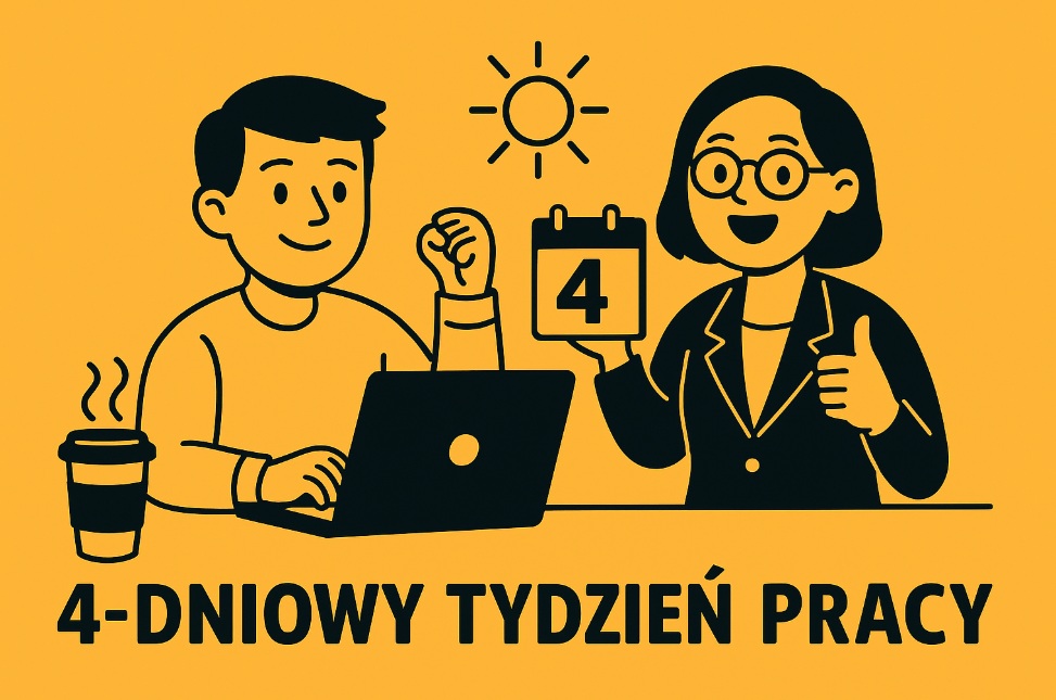 Ilustracja przedstawiająca koncepcję 4-dniowego tygodnia pracy – zadowoleni pracownicy, biuro, elementy kalendarza.