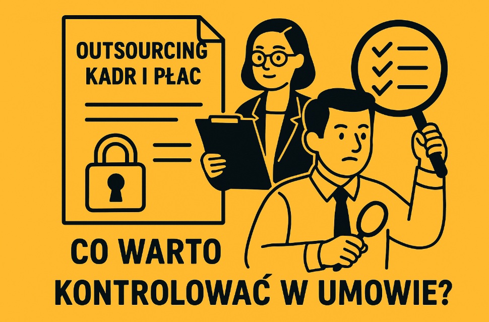 Ilustracja przedstawiająca dwie postacie omawiające dokumenty na tle napisu „Outsourcing kadr i płac – co warto kontrolować w umowie?” – styl flat, kolory czarno-pomarańczowe