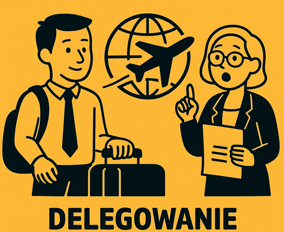 Mężczyzna z walizką i dokumentami, symbolizujący delegowanie pracowników za granicę