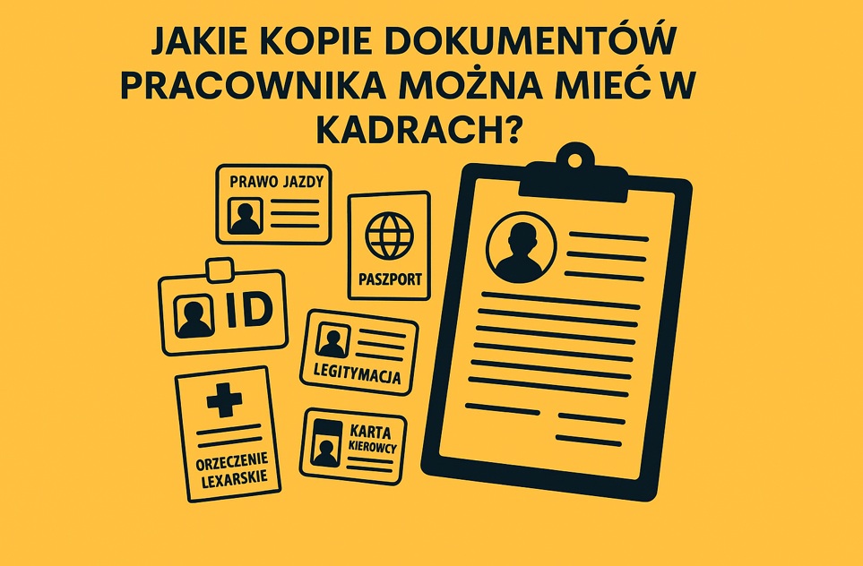 Ilustracja przedstawiająca segregację i przechowywanie dokumentów pracowniczych w teczkach i folderach, na tle żółtym w stylu flat.