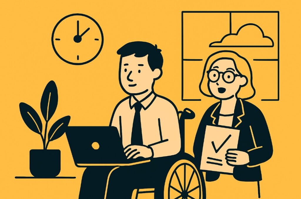 Osoba z niepełnosprawnością pracująca przy biurku – ilustracja stylu flat