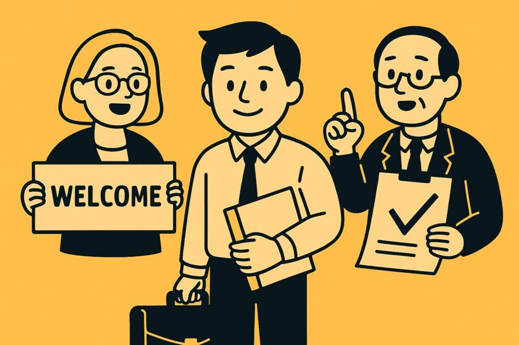 Ilustracja pracownika i menedżera w pierwszym dniu pracy – onboarding i lista kontrolna HR