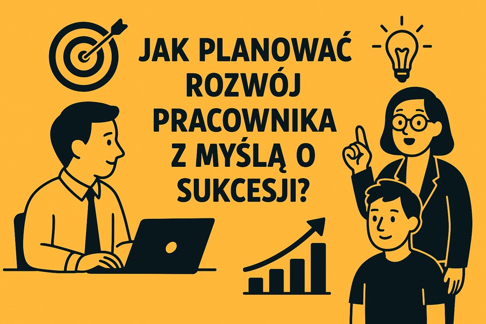 Ilustracja przedstawiająca proces planowania rozwoju pracownika i sukcesji w zespole HR – styl flat, tło pomarańczowo-żółte