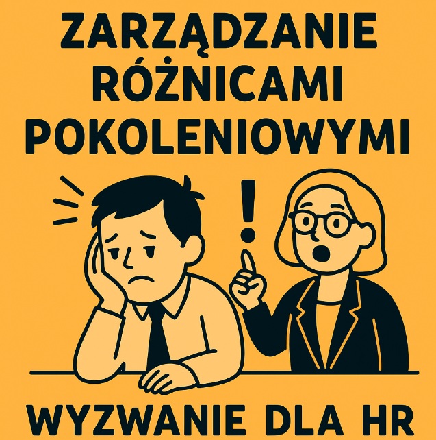 Ilustracja przedstawiająca współpracę między różnymi pokoleniami w biurze – starszy mężczyzna, młodsza kobieta i postać neutralna płciowo rozmawiają przy stole, tło żółte.