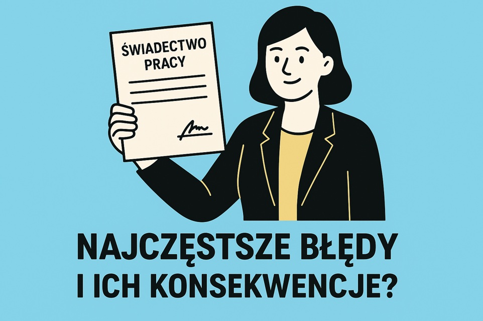 „Ilustracja przedstawiająca pracownika trzymającego świadectwo pracy – flat design, jasnoniebieskie tło”