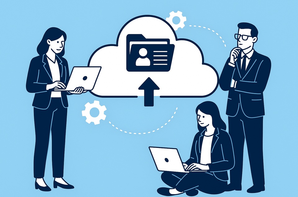 Trzy postacie w stylu flat prezentujące dane kadrowe przechowywane w chmurze, z ikoną chmury w tle.