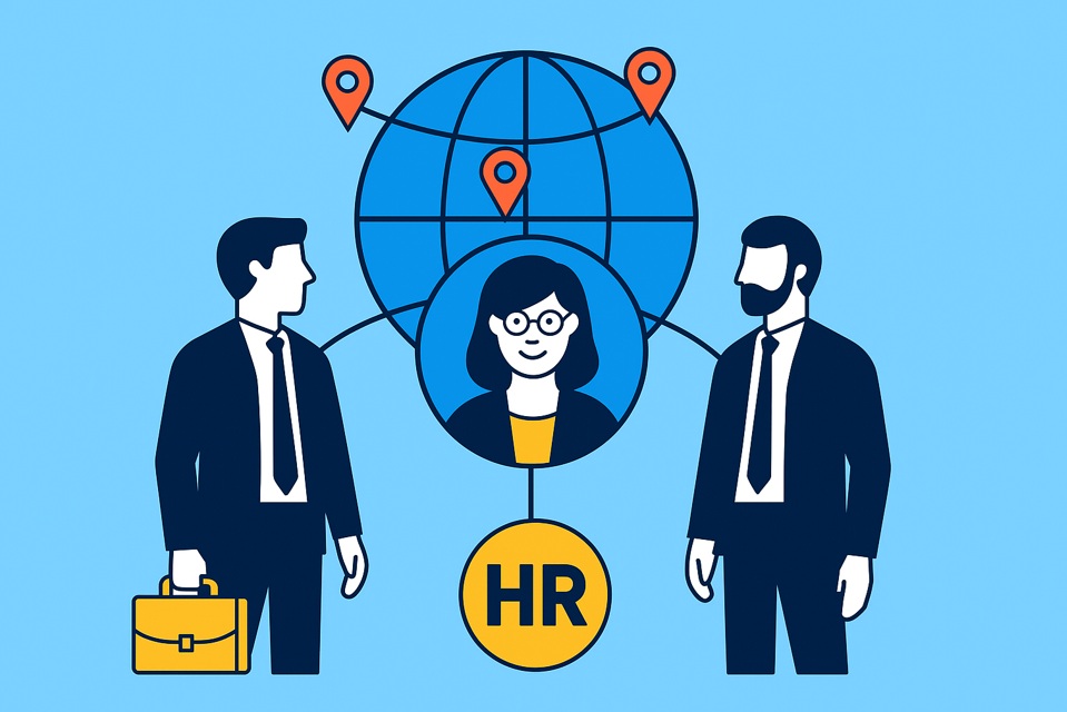Ilustracja przedstawiająca globalny zespół HR zarządzany zdalnie, na tle mapy świata, w odcieniach jasnego błękitu.
