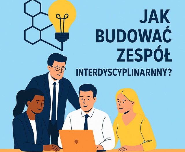 Ilustracja przedstawia zespół interdyscyplinarny współpracujący nad projektem HR – grafika w stylu flat, na niebieskim tle