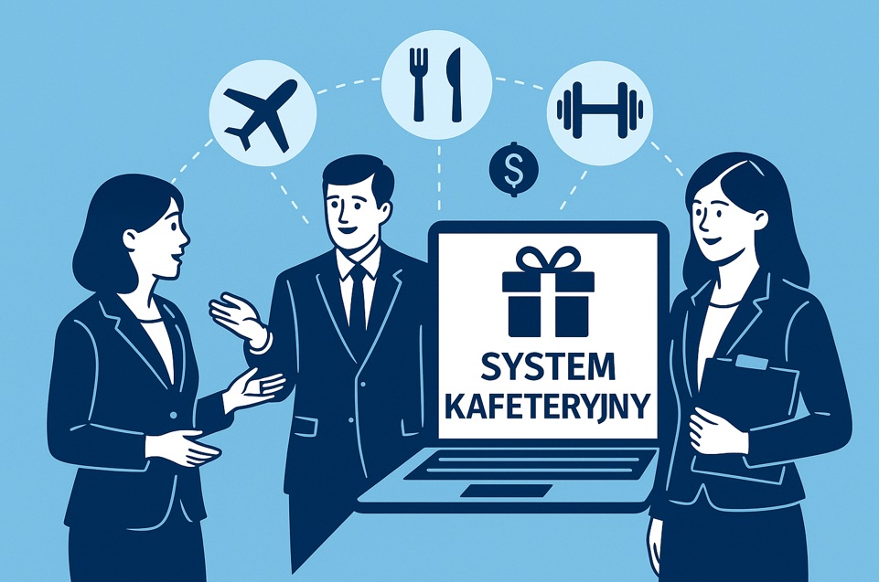 Ilustracja przedstawiająca system kafeteryjny benefitów w firmie – pracownicy wybierają świadczenia pozapłacowe z katalogu.
