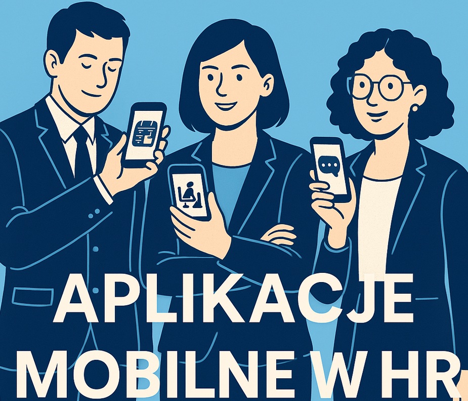 Ilustracja w stylu flat przedstawiająca mobilne aplikacje HR na smartfonie, symbolizujące nowoczesne rozwiązania kadrowe.