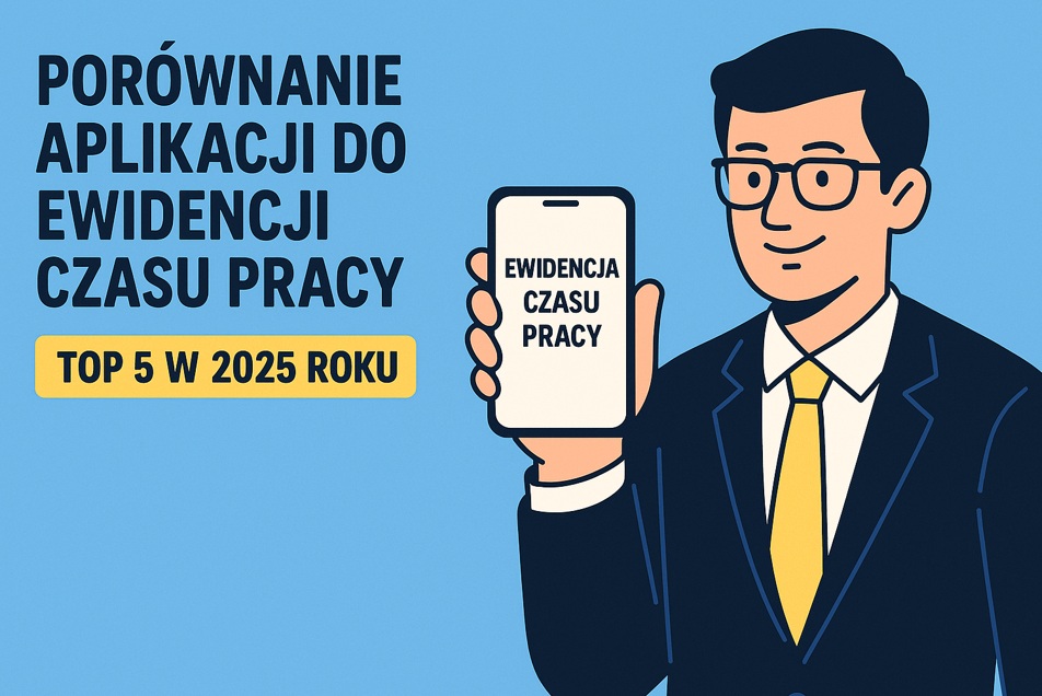 Ilustracja cyfrowa w stylu flat, przedstawiająca osobę z dużym zegarem i telefonem z aplikacją do ewidencji czasu pracy, na niebieskim tle.