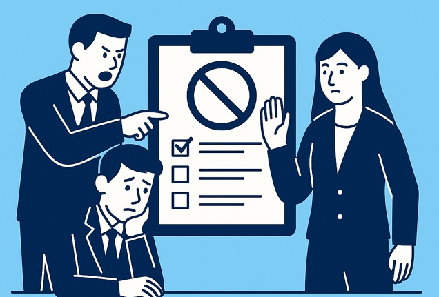 Ilustracja przedstawiająca pracowników analizujących procedurę antymobbingową na tle dużego dokumentu z symbolem zakazu.