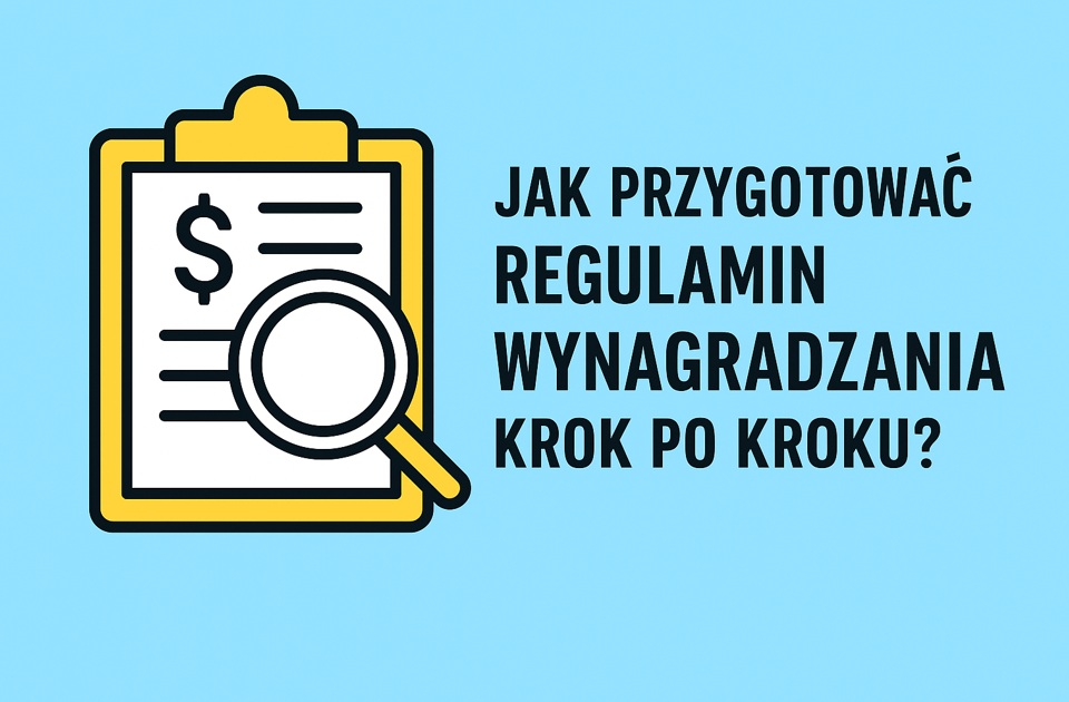 Nowoczesna ilustracja przedstawiająca tworzenie regulaminu wynagradzania – postać z laptopem, dokumenty, symbole HR